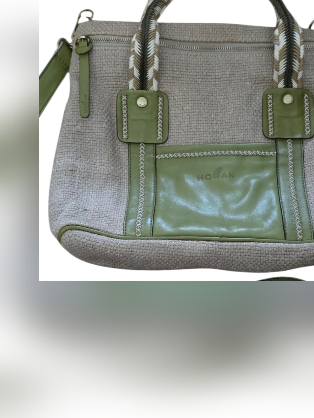 Hogan Woven Satchel Bag, Apple Green Leather Trim, Mixed Media Vintage